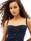 Dark blue laser-print denim bustier with sweetheart neckline and adjustable straps