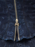 Dark blue denim bustier front with gold-tone zipper and flared peplum hem