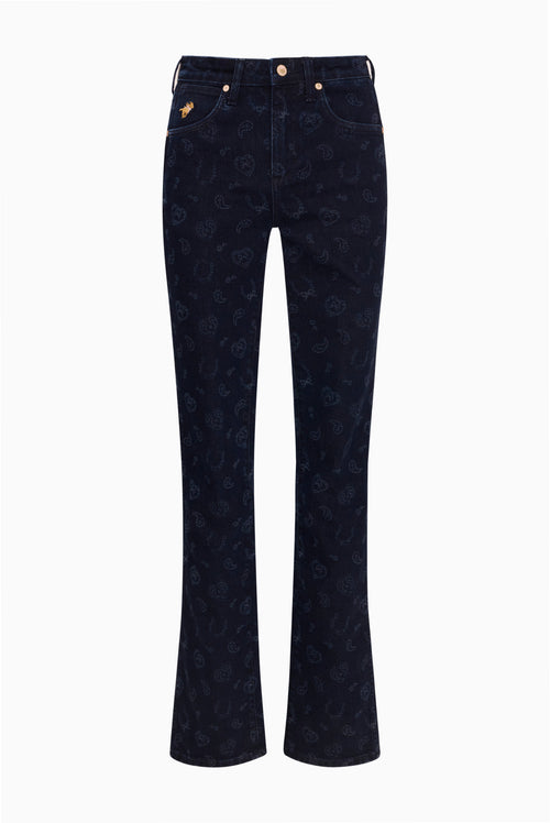 Dark blue bootcut jeans, allover print, flat front with button closure