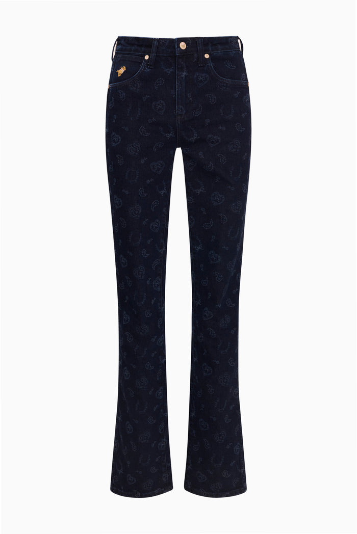 Dark blue bootcut jeans, allover print, flat front with button closure