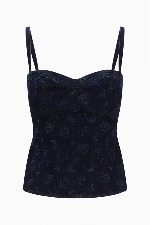 Dark blue denim bustier with sweetheart neckline, spaghetti straps, and allover laser print