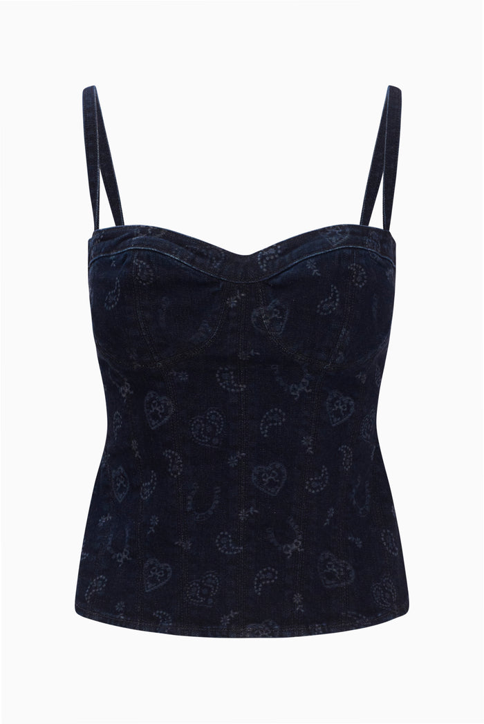 Dark blue denim bustier with sweetheart neckline, spaghetti straps, and allover laser print