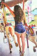 Dark denim micro shorts with frayed hem and allover laser print pattern