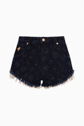 Navy laser-print denim micro shorts with frayed hem and front button closure