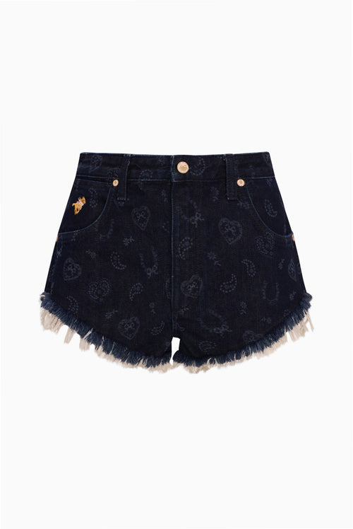 Navy laser-print denim micro shorts with frayed hem and front button closure