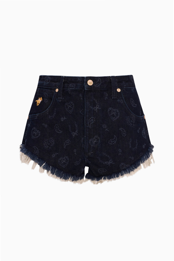 Navy laser-print denim micro shorts with frayed hem and front button closure