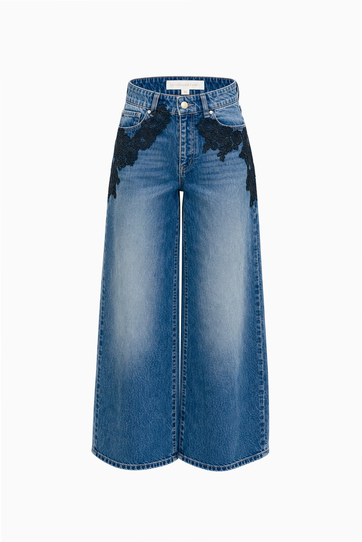 Tween lace-appliqué wide-leg indigo jeans with black lace at hips