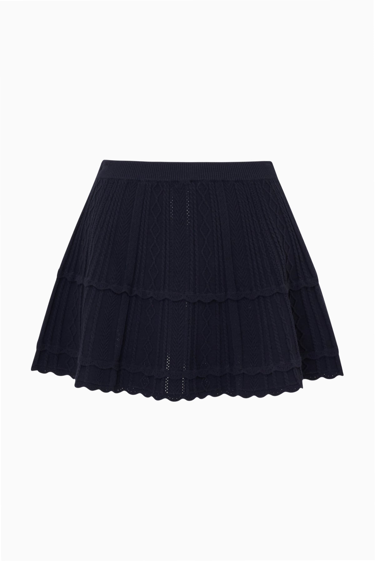 Dark pointelle mini skirt with tiered ruffle hem and wide elastic waistband