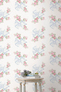 Rosa Beaux standard wallpaper with pastel blue butterflies and pink floral pattern