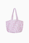 Floral print terry beach tote with pink body and purple handles