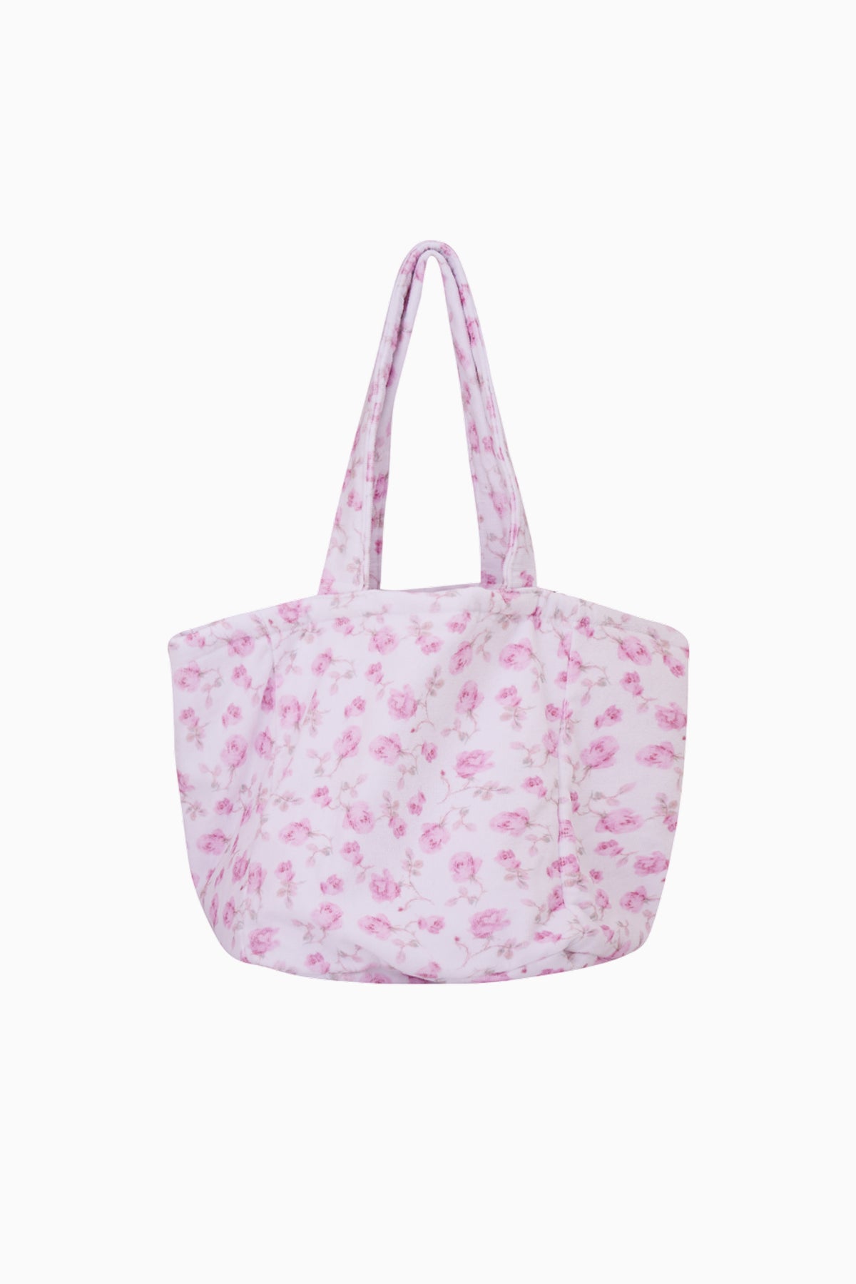 Floral print terry beach tote with pink body and purple handles