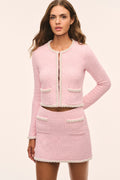 Pink knit tweed cardigan with front zipper and patch pockets, long sleeves