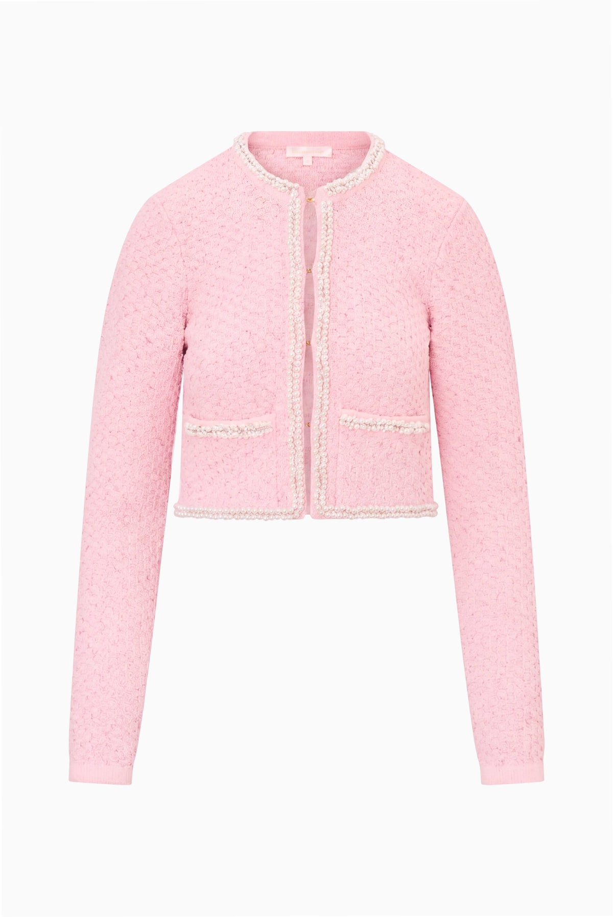 Pink knit tweed cardigan with front zipper and contrast trim pockets