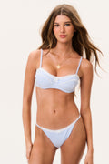 Light blue gingham bikini with underwire bra top and high-cut bikini bottoms
