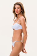 Light blue gingham bikini set with bra top and matching high-cut bottoms, side view