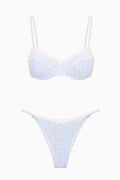 Light blue gingham bikini set: underwire bra top and high-cut bottoms, flat lay