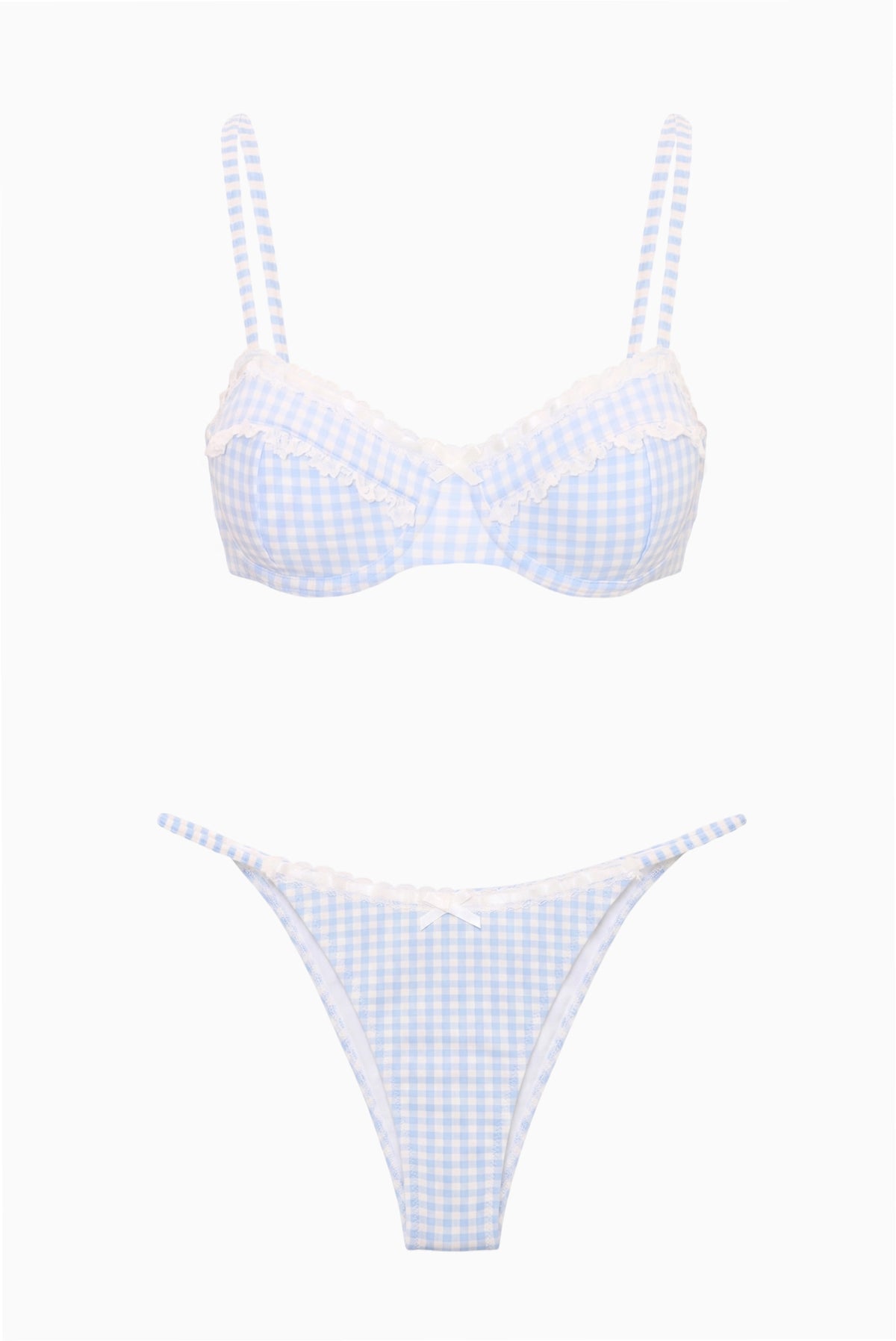 Light blue gingham bikini set: underwire bra top and high-cut bottoms, flat lay