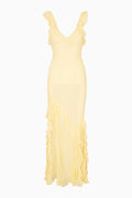 Butter yellow chiffon ruffle maxi dress with sleeveless V-neck and layered hem