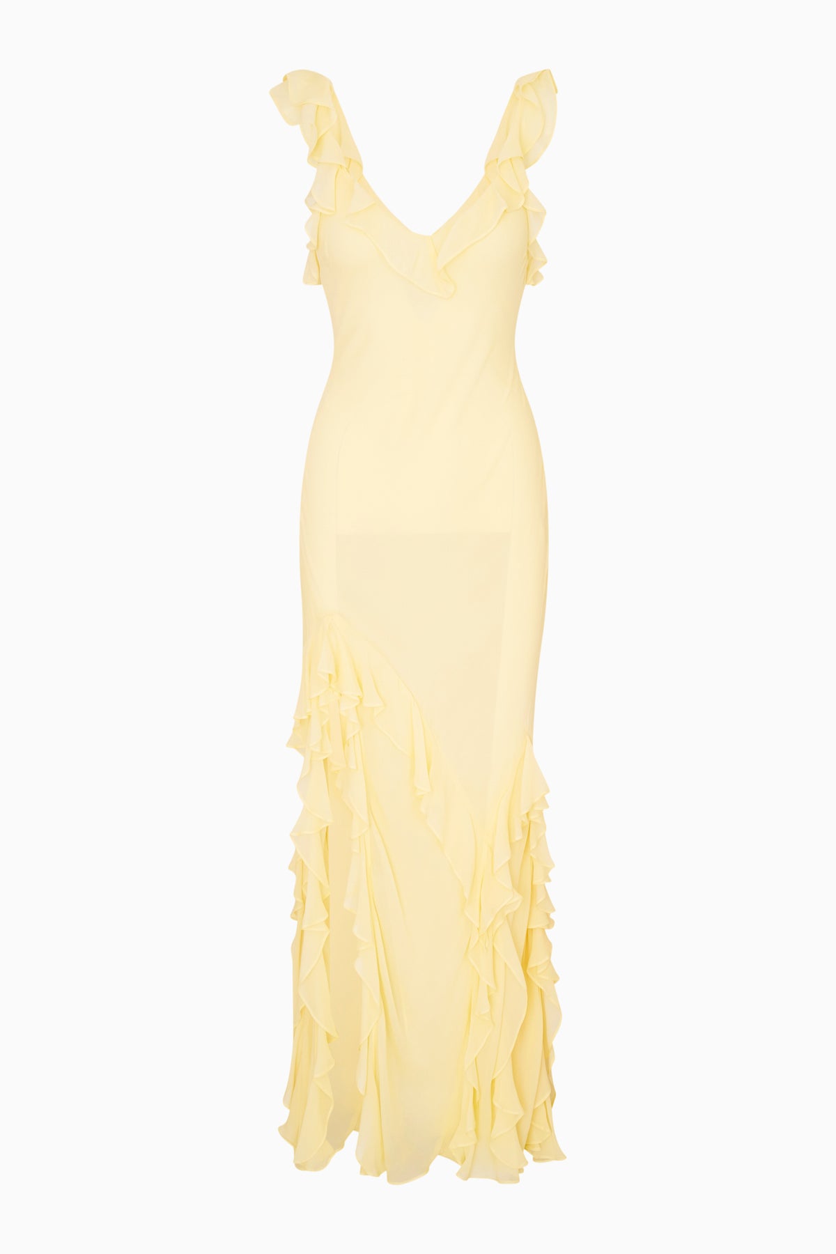 Butter yellow chiffon ruffle maxi dress with sleeveless V-neck and layered hem
