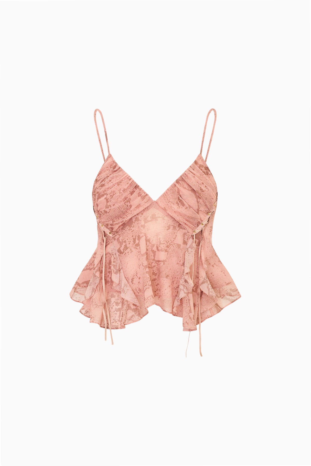 Pink snakeskin print camisole top with ruffled peplum and spaghetti straps
