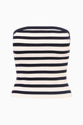 Striped strapless stretch knit tube top, navy and white horizontal bands
