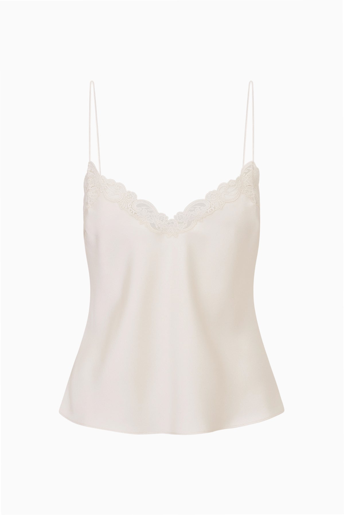 Alabaster crepe lace cami with thin straps and scalloped lace trim at neckline.