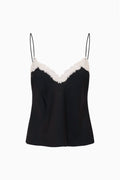 Black crepe lace cami top with thin straps and scalloped lace neckline trim.