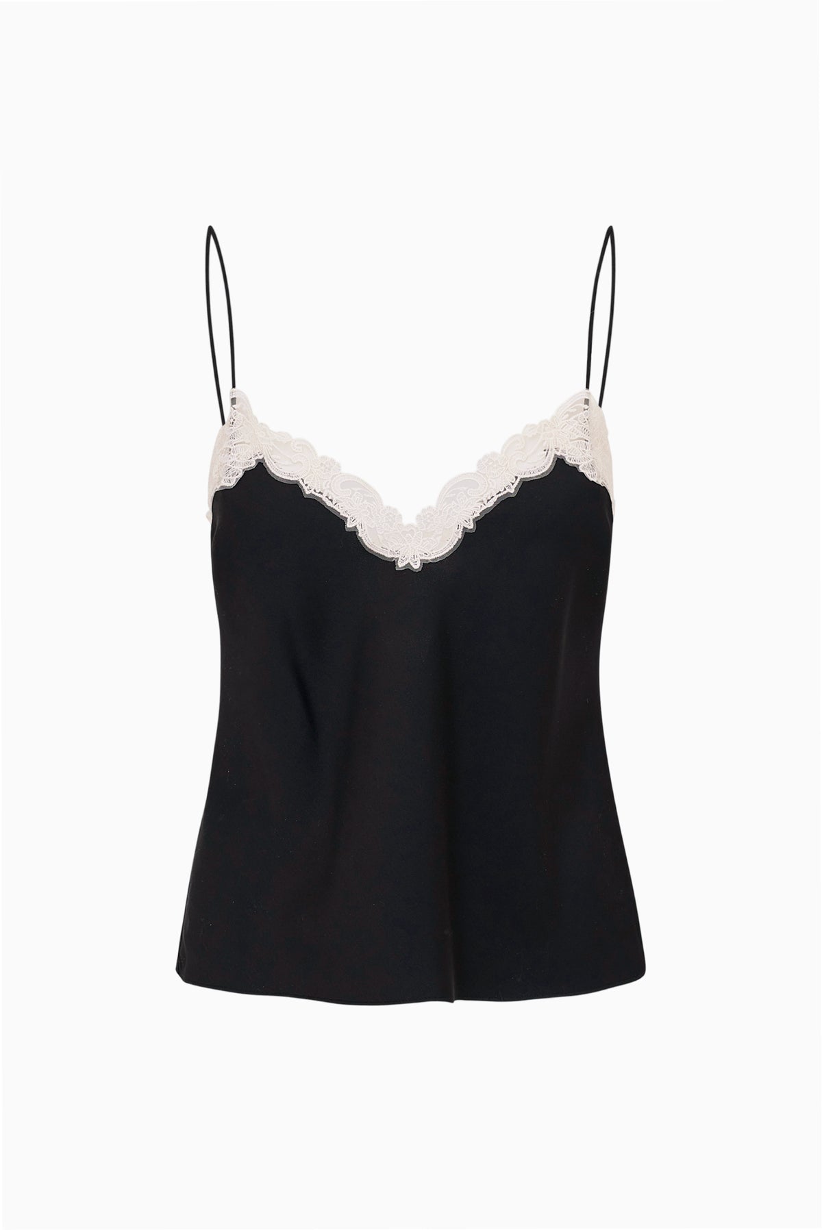 Black crepe lace cami top with thin straps and scalloped lace neckline trim.