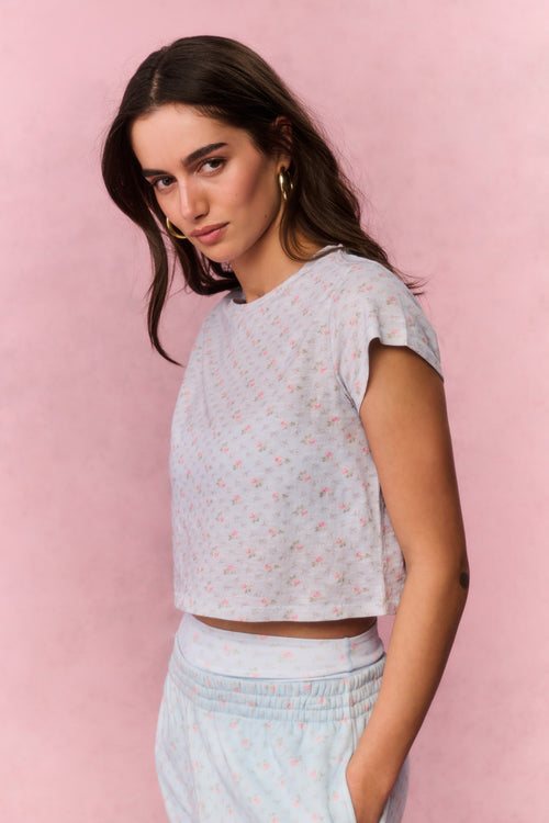 Light gray cropped tee with tiny multicolor dots, side view with short sleeves