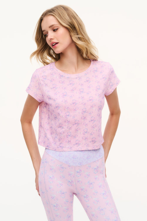Lilac-mauve cropped T-shirt with small floral pattern and crew neckline