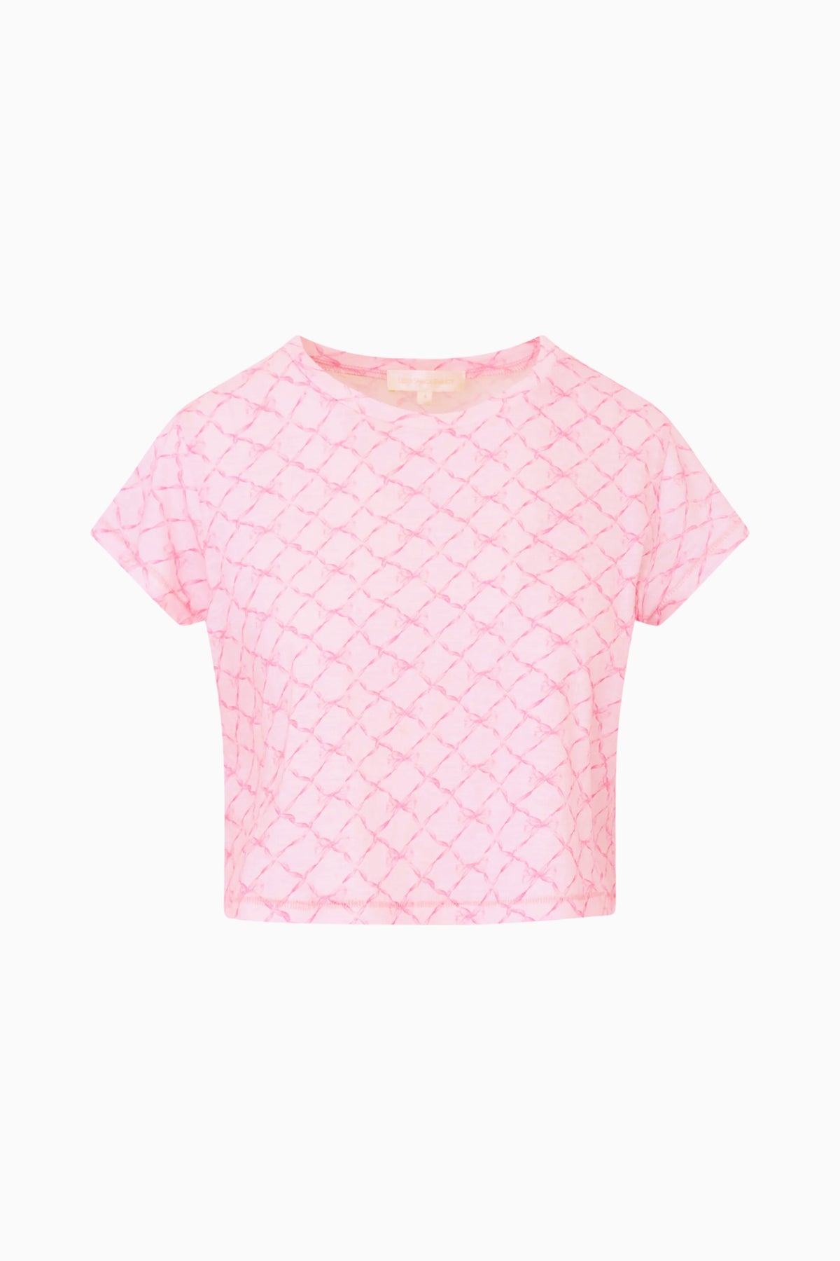 Pink cropped tee with textured lattice pattern, short sleeves, and crew neckline