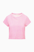 Pink ditsy floral cropped tee with short sleeves and crew neckline