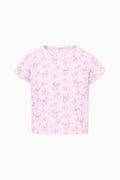 Lilac-mauve cropped T-shirt, short sleeves, crew neck, all-over floral print