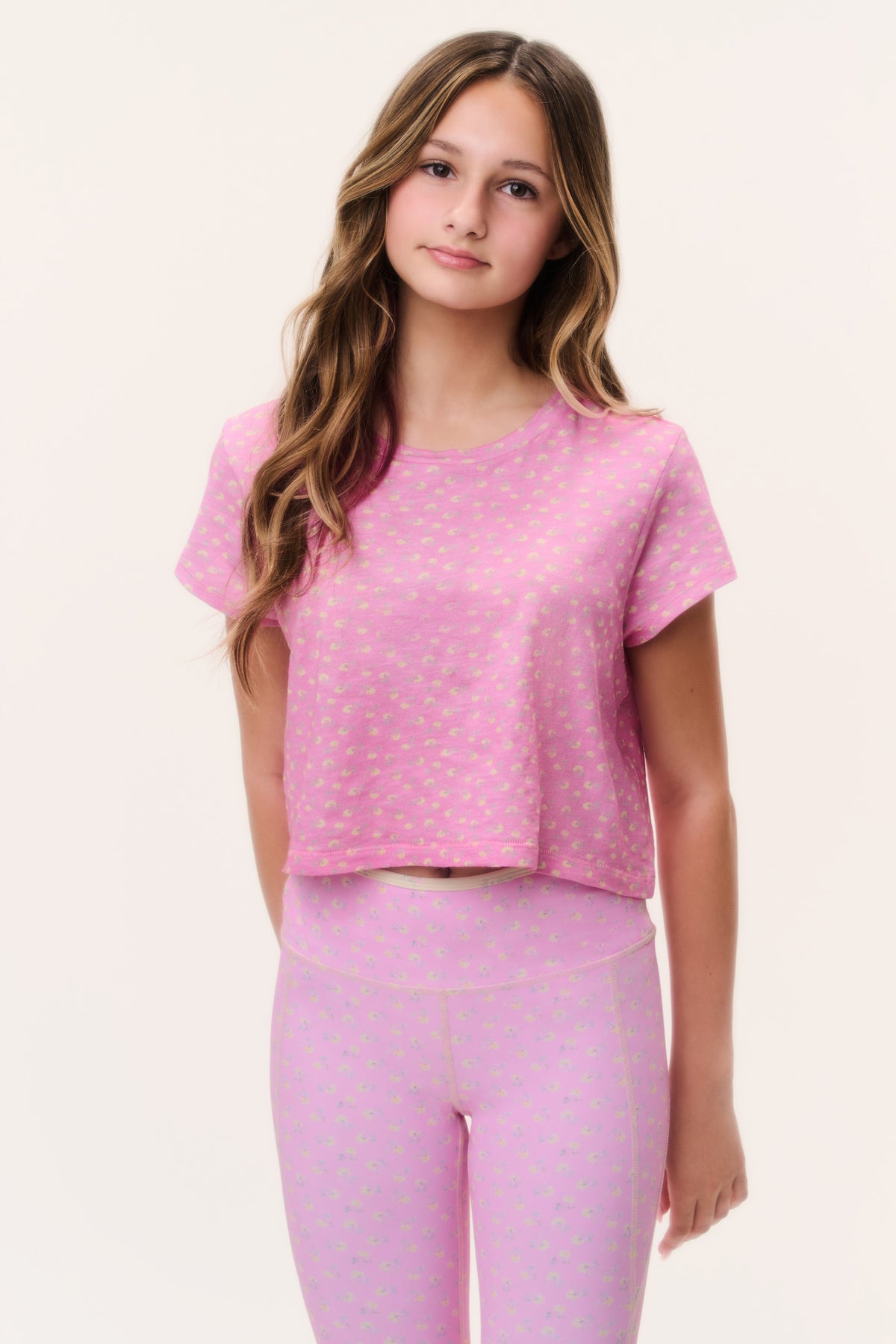 Girls pink ditsy floral short-sleeve crew-neck tee, front view