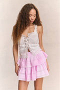 Ruffle mini heritage skirt with tiered ruffles and lace trim in white and pink