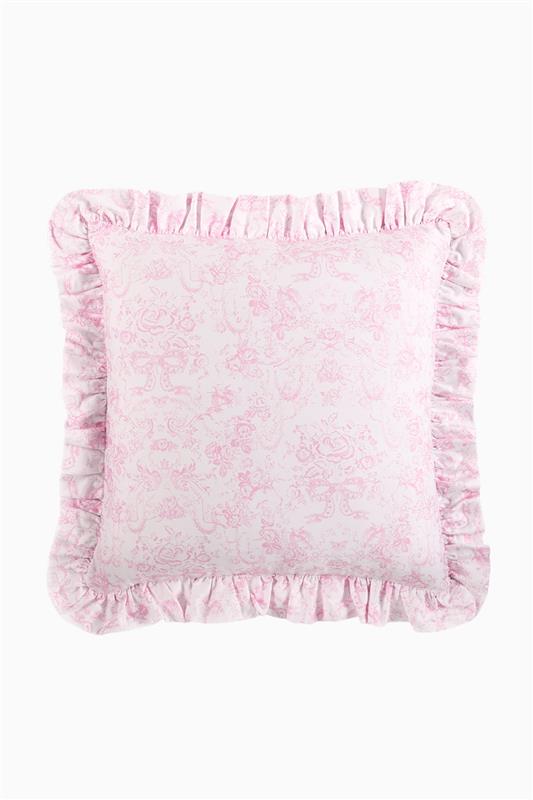 Pink patterned ruffle throw pillow, square with gathered ruffled edge trim