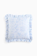 Light blue patterned ruffle throw pillow, square with gathered ruffled edge detail