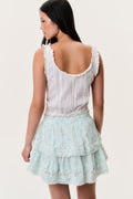 Celadon floral ruffle mini skirt, back view with tiered ruffles