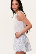 Blue printed tiered ruffle mini skirt with elastic waist and lace-trim edge