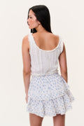 Blue printed ruffle mini skirt with layered tiers and scalloped hem
