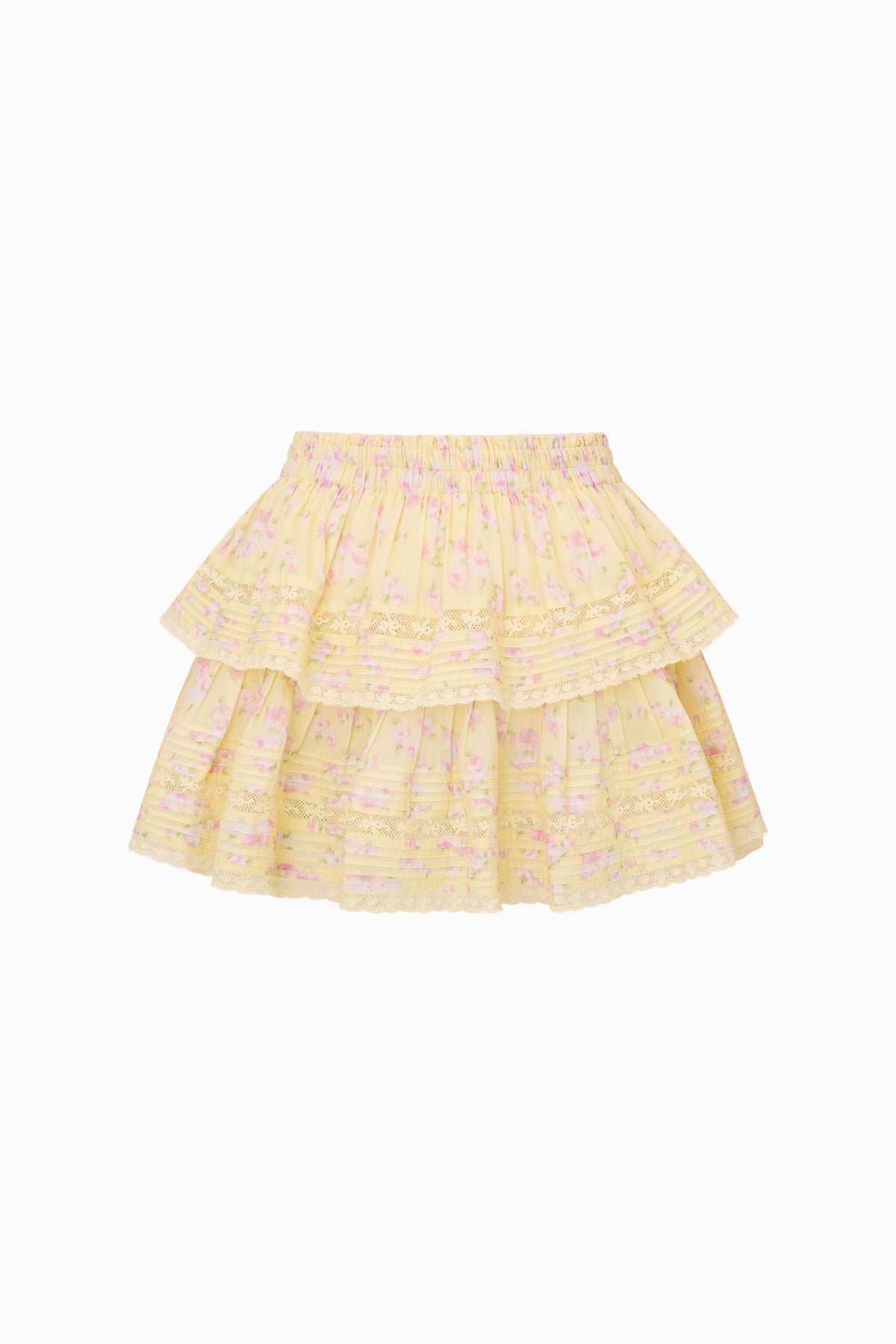 Tiered ruffle mini skirt in pale yellow with small floral print