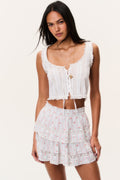 Tiered ruffle mini skirt with red cherry stripe print, elastic waistband
