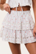 Tiered ruffle mini skirt detail with red cherry stripe print