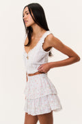 Tiered ruffle mini skirt with red cherry stripe print and gathered waist