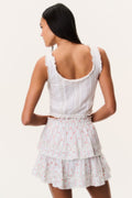 Tiered ruffle mini skirt with red cherry stripe print, back view