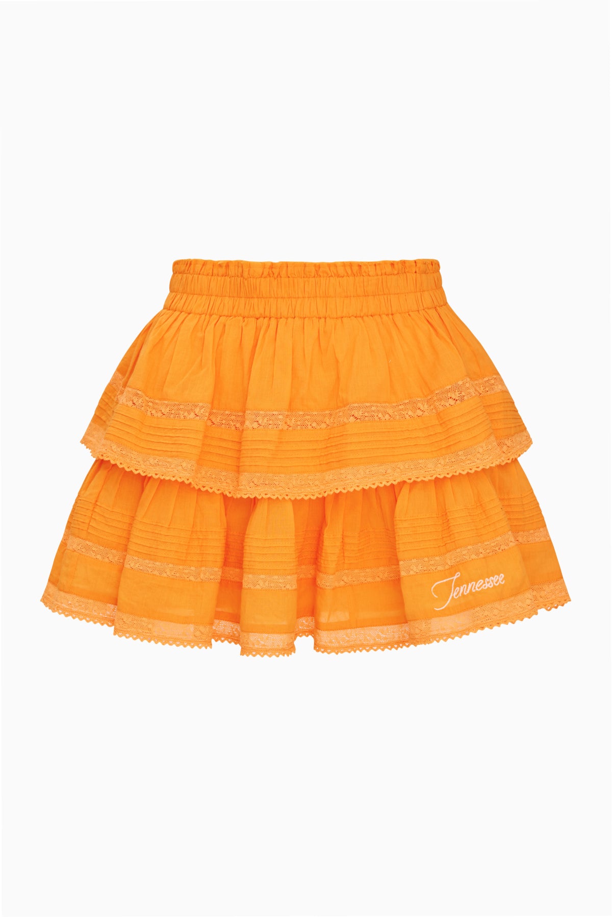 Bright orange tiered ruffle mini skirt with lace trim and “Miami” embroidery