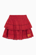 Red tiered ruffle mini skirt with lace-trimmed hem