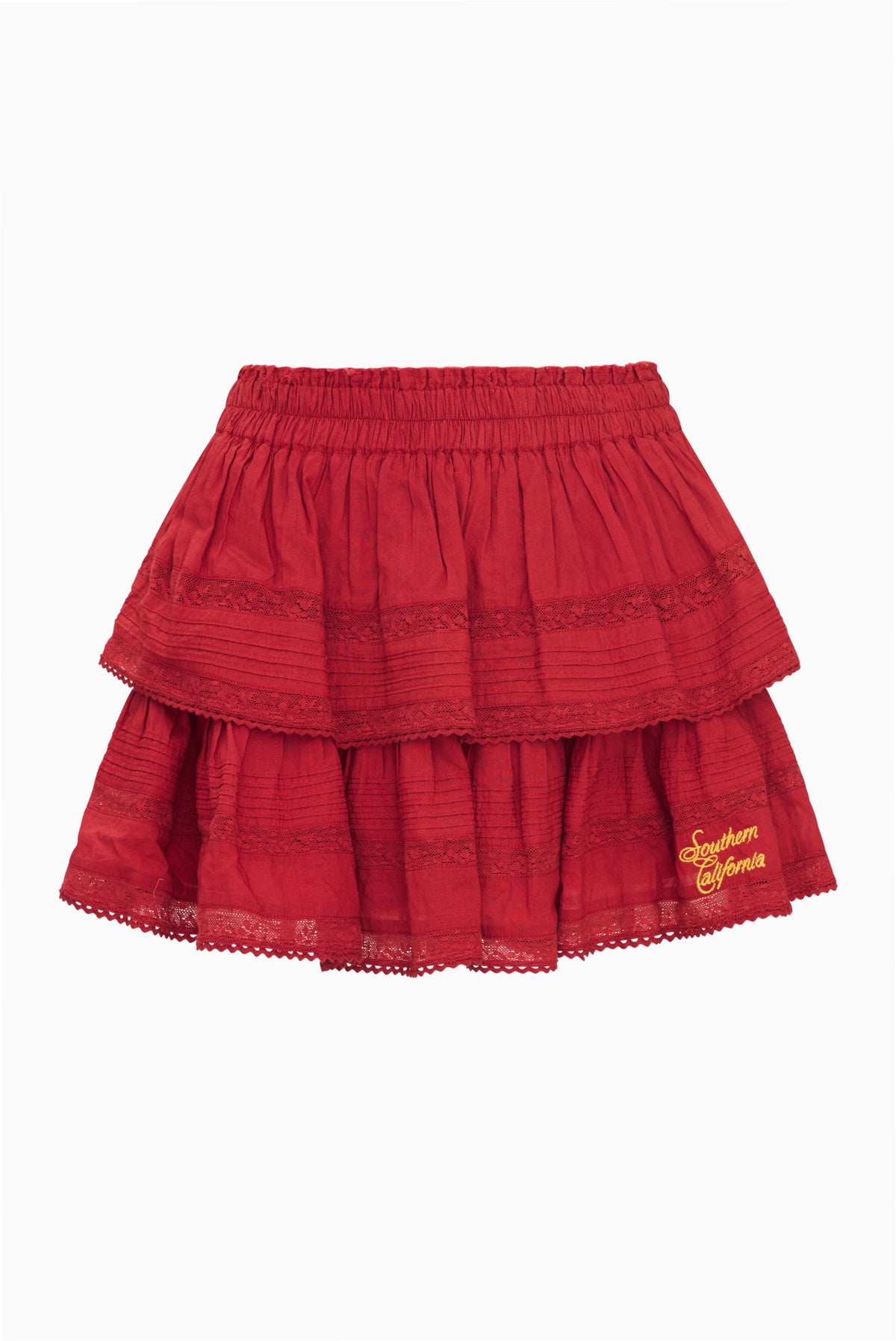 Red tiered ruffle mini skirt with lace-trimmed hem
