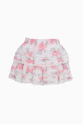 Pink floral print ruffle mini skirt with scalloped tiered hem