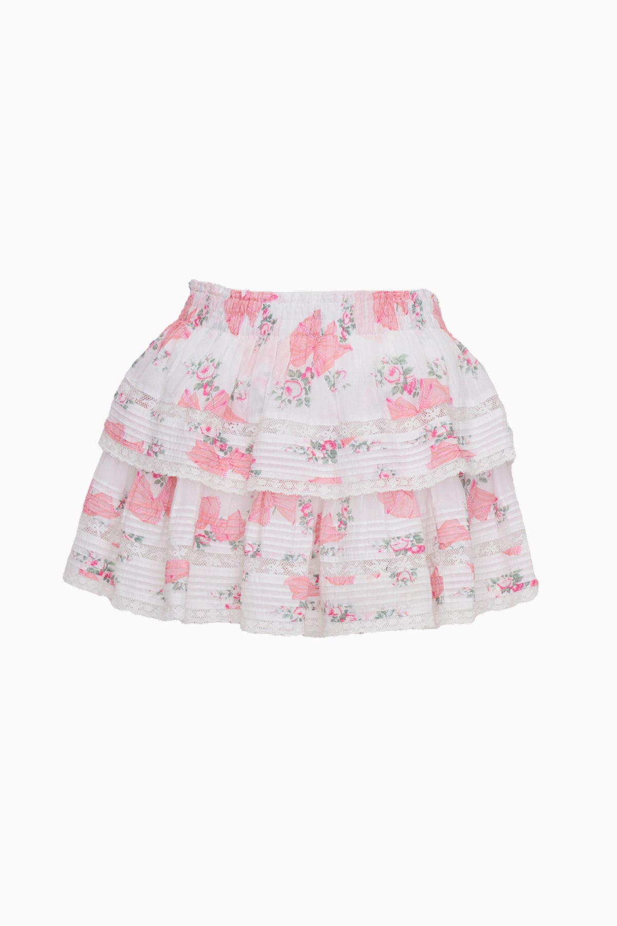Pink floral print ruffle mini skirt with scalloped tiered hem
